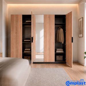 ZT81464 JL-02032 - 5D WARDROBE WITH ONE MIRROR 2216*596*2160 NATURAL OAK : MATT open